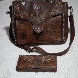 Western Brown Leather Shoulder Bag with Floral Tooling